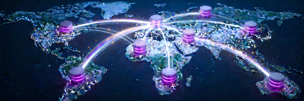 显示全球服务器节点地图与高速连接数据流的抽象概念图