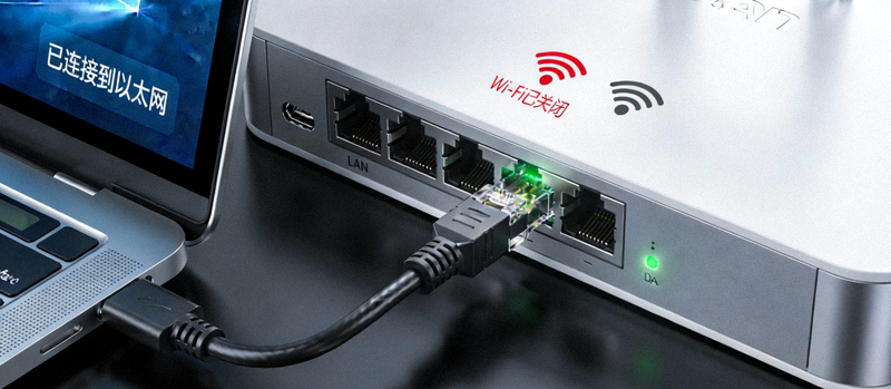 笔记本电脑通过以太网线连接到路由器的特写，与无线信号图标形成对比