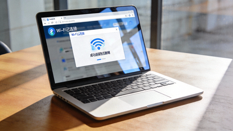 笔记本电脑检查网络连接状态，显示Wi-Fi已连接和浏览器成功打开网页