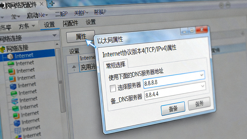 电脑网络适配器设置窗口，显示DNS服务器地址被手动修改为8.8.8.8和8.8.4.4