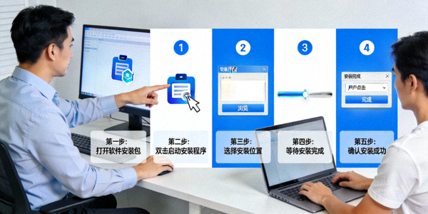 技术人员在电脑前指导用户安装软件的分步示意图
