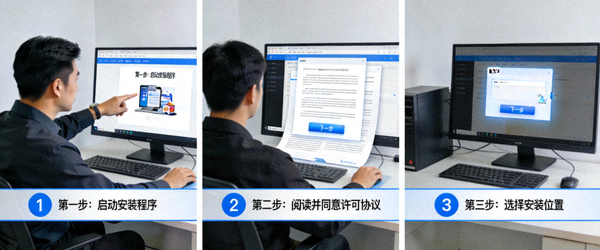 技术人员正在指导用户安装电脑软件的分步示意图，屏幕上清晰展示安装向导的每一步
