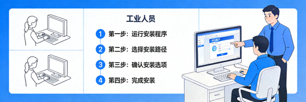 技术人员正在指导用户安装电脑软件的分步示意图，屏幕上显示安装向导