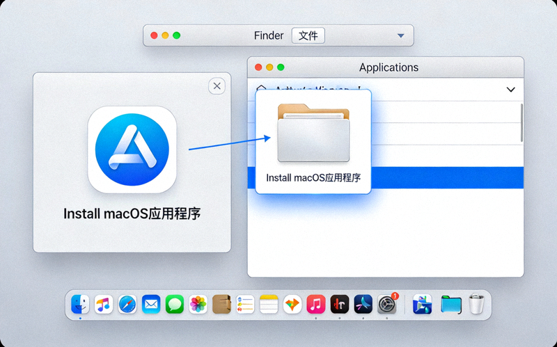 macOS系统将应用程序拖入Applications文件夹的安装界面截图