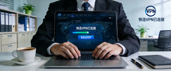 商务人士在办公室使用笔记本电脑通过快连VPN安全访问公司内部网络的场景，画面突出安全与专业