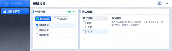 显示加密锁和高级设置选项如分流、协议选择的软件设置面板截图