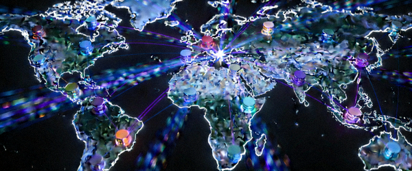 显示全球服务器节点地图与高速连接数据流的抽象概念图，突出网络连接的全球性与速度感