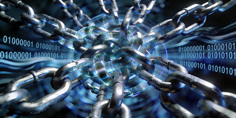 象征AES-256加密算法的抽象概念图：多层交织的锁链与二进制代码背景