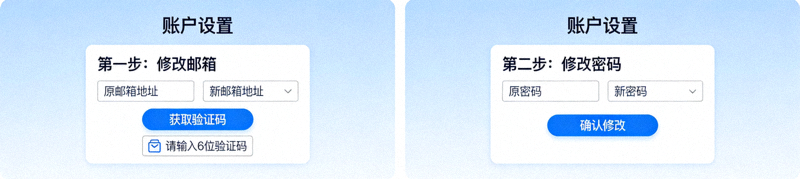 修改账户邮箱和密码的设置页面分步截图
